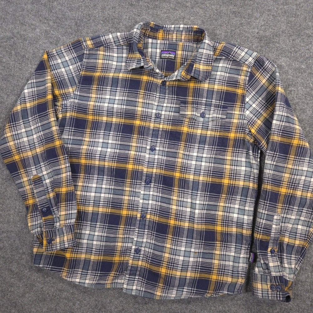 Patagonia Fjord Flannel Shirt Mens L Blue Plaid Front Pocket Lightweight Outdoor
